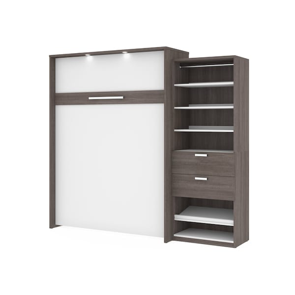 Cielo Queen Murphy Bed and Shelving Unit with Drawers (95W), Bark Grey & White